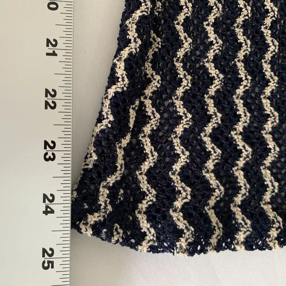 OYSHO Beach Pant XS Open Crochet Knit Navy Blue‎ Cream Stretch Sheer Flare Boho